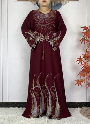 New Muslim Fashion Women Dress Chiffon Diamond Long Sleeves Casual Clothing African Abaya Women Robe Dubai Turkey Islamic Robe