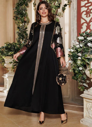 Ramadan Muslim Women's Gold Stamping Petal Sleeve Abaya O-Neck Stripe Dubai Dresses For Women Gala