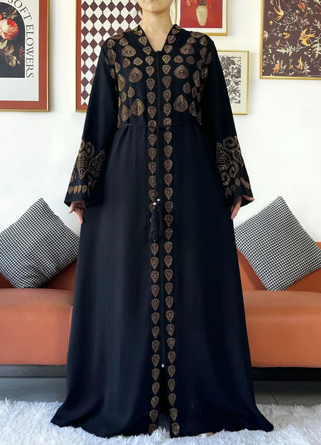 2024 Women Party Dress Chiffon Open Abaya Golden Stones Muslim Women Dress Islamic Clothing Cardigan Abaya Women Muslim Dress