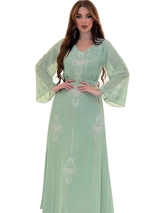 Women's Long Sleeve Polyester Abaya — Diamond Detail V-Neck Dress