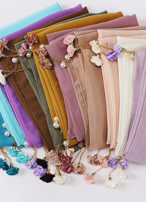 Fashion Flowers Pearl Tassel Chiffon Long Scarf Hijabs Elegant Womens Party Turban Headwear Solid Color Headscarf Shawls Scarves
