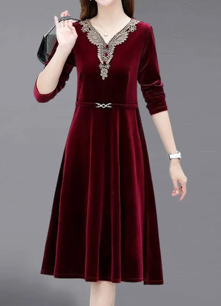 Elegant Purple Velvet Dress With Embroidered Lace V Neck And Belted Waist For Women Autumn Winter Casual Wear