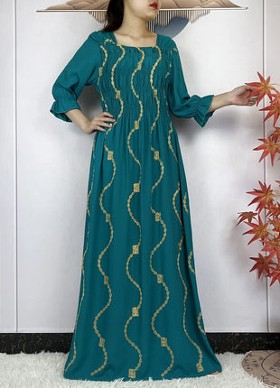 New African Abaya Women Elegant Dress Collect Waist Straight Cotton Embroider Dress Loose Caftan Femme Clothing Islamic Dresses