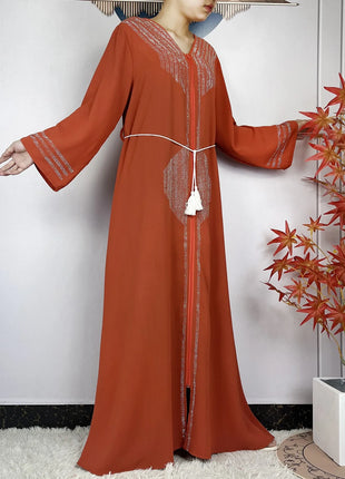 2024 Muslim Abaya For Women Long Sleeved Chiffon Diamonds Loose Fit Femme Robe Islam Maxi Dubai Fashion Party Dresses With Scarf