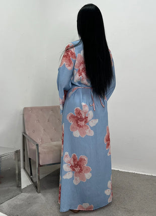 Arabesque Bell Sleeve Flowy Maxi Abaya Dress Elegant Floral Print Muslim Modest Long Dress Islamic Vacation Outfit Summer Robe