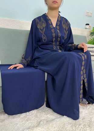 Muslim Open Abayas For Women 2024 Pure Chiffon Zipper Diamonds Loose Femme Robe Islam Dubai Boubou Moroccan Caftan With Turban
