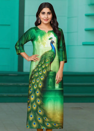 Muslim Peacock Women Kurt Casual Dress Long Sleeve Straight Casual Ethnic Flower Mandarin 3D Design Suitable Ladies Abaya Muslim