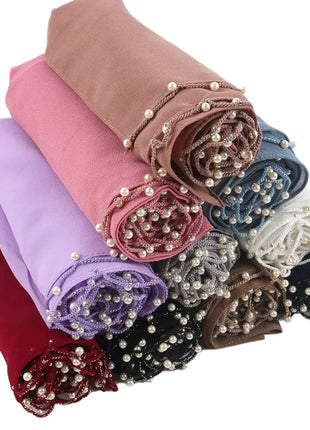 Pearls Beading Chiffon Hijab Scarf Woman Muslim Hijab Sweet Girl Hair/Headband Long Wraps Islam Turban Malaysian Headscarf