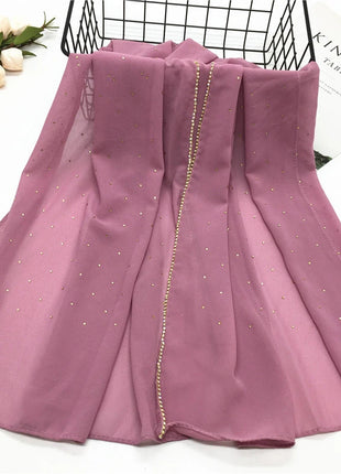 High Quality Rhinestone Chain Pearl Chiffon Long Scarf Hijabs Elegant Dubai Muslim Womens Party Wrapped Turban Shawls Headwear