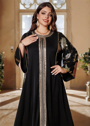 Siskakia Ramadan Muslim Women's Gold Stamping Petal Sleeve Abaya O-Neck Stripe Dubai Dresses For Women Gala