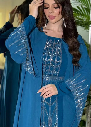 Eid Muslim Party Dress for Women Fake 2 Piece Diamond Ramadan Abaya Belt Flare Sleeve Kaftan Vestidos Largos Dubai Robe Jalabiya