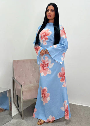 Arabesque Bell Sleeve Flowy Maxi Abaya Dress Elegant Floral Print Muslim Modest Long Dress Islamic Vacation Outfit Summer Robe