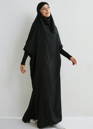 Muslim Abaya Hooded Smocking Sleeve One-piece Prayer Dress Women Jilbab Islamic Clothing Dubai Saudi Black Robe Turkish Modesty