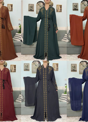 Muslim Open Abayas For Women 2024 Pure Chiffon Zipper Diamonds Loose Femme Robe Islam Dubai Boubou Moroccan Caftan With Turban