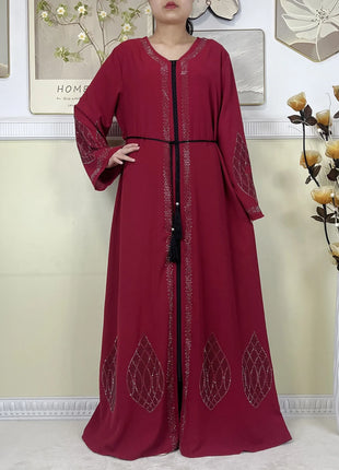 2024 Muslim Abaya For Women Long Sleeved Chiffon Diamonds Loose Fit Femme Robe Islam Maxi Dubai Fashion Party Dresses With Scarf