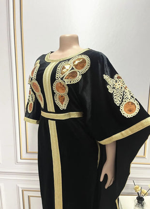 Ramadan Luxury Muslim Fashion Bat Sleeve Moroccan Turkiye Dubai Dress Middle East Arab Dress Sequins Golden Velvet Long Dress