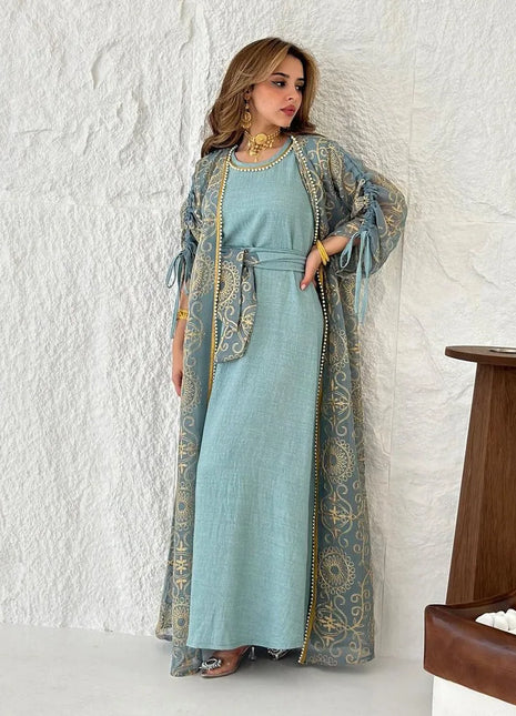 Charming Light Blue Two Piece Abaya Set Gold Patterned Outer Robe Belted Mint Inner Dress for Islamic Ramadan in the MIddle East