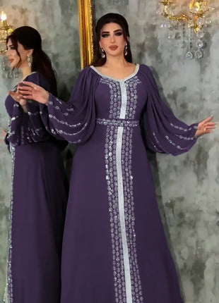 Abaya Muslim Women Party Dresses Chiffon Sequins Jalabiya Ramadan Eid Morocco Islam Sashes Vestidos Arab Long Robe Dubai Kaftan