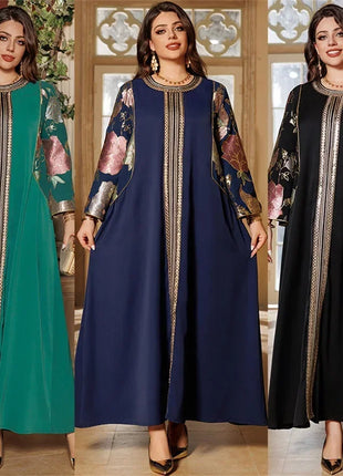 Ramadan Muslim Women's Gold Stamping Petal Sleeve Abaya O-Neck Stripe Dubai Dresses For Women Gala