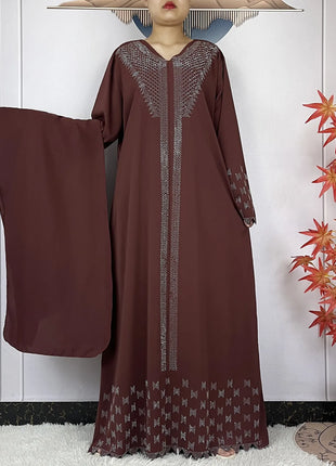 New Muslim Fashion Women Dress Chiffon Diamond Long Sleeves Casual Clothing African Abaya Women Robe Dubai Turkey Islamic Robe