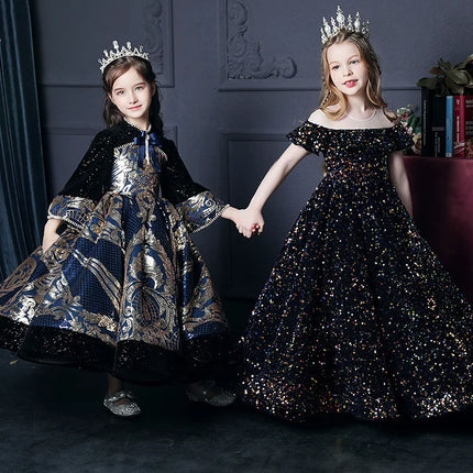 Girl's Western Style Evening Dress Flower Girl Sequined Catwalk Host Piano Performance Princess Dress