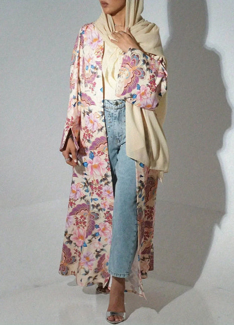 Middle Eastern Women Loose Abaya Muslim Full Sleeve Printed Floral Open Front Abayas Jilbabs Islamic Maxi Dresses Turkey Kaftans