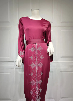 Elegant Satin Evening Gown Muslim Dress Women Abaya Long Sleeve Turkish Dresses Stylish Diamond Women Maxi Dress Dubai Kaftan