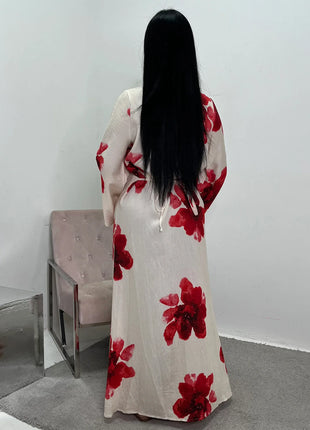 Arabesque Bell Sleeve Flowy Maxi Abaya Dress Elegant Floral Print Muslim Modest Long Dress Islamic Vacation Outfit Summer Robe