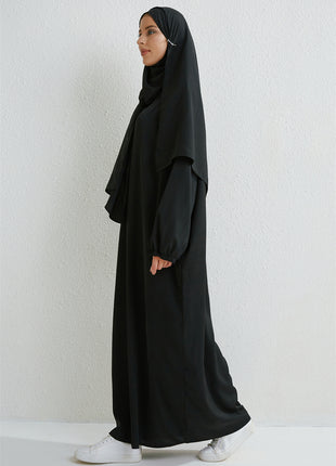 Muslim Abaya Prayer Dress One-piece Hooded Smocking Sleeve Islamic Clothing Women Jilbab Dubai Saudi Black Robe Turkish Modesty