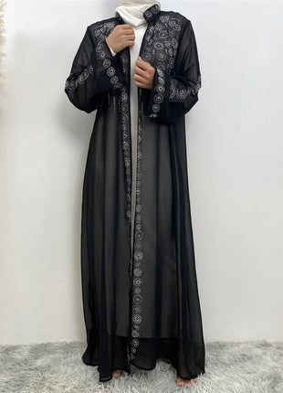 Diamond for Muslim Women Chiffon Open Cardigan Abaya Kimono Maxi Dress Turkey Dubai Arab Kaftan Eid Party Morocco Gowns Jalabiya