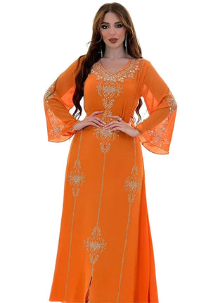 Women's Long Sleeve Polyester Abaya — Diamond Detail V-Neck Dress
