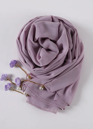Fashion Flowers Pearl Tassel Chiffon Long Scarf Hijabs Elegant Womens Party Turban Headwear Solid Color Headscarf Shawls Scarves