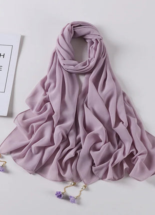 Fashion Flowers Pearl Tassel Chiffon Long Scarf Hijabs Elegant Womens Party Turban Headwear Solid Color Headscarf Shawls Scarves