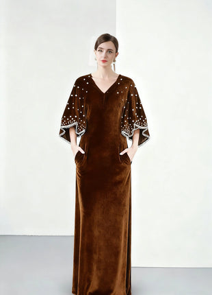 2026 French Style Women's Solid Color V-Neck Long Dress - Heavy Duty Beaded Velvet Elegant Fashionable Dress for Export
