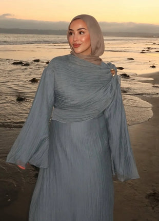 Two Piece Middle East Muslim Cardigan Set for Women Ramadan Eid Dubai Modest Abaya Dress Elegant Islam Solid Turkey Robe Outfit