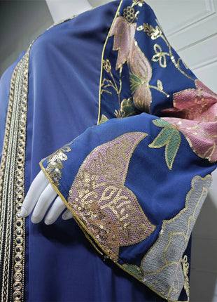 Siskakia Ramadan Muslim Women's Gold Stamping Petal Sleeve Abaya O-Neck Stripe Dubai Dresses For Women Gala