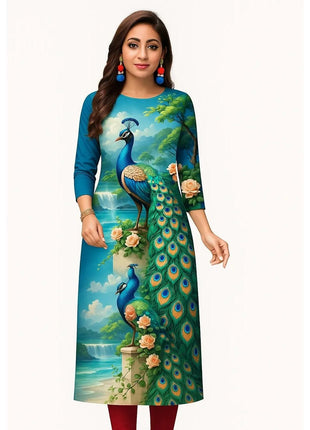 Muslim Kurt Women's Fashion Comfortable Dress Long Sleeve Straight Tube Casual Ethnic Peacock Regular Size New Dress Slit hem