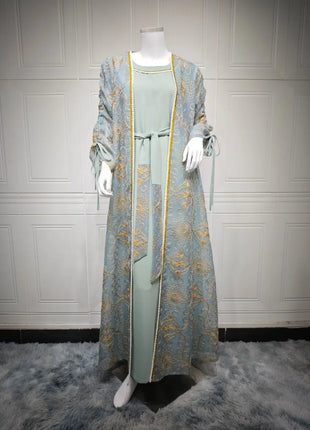 Eid Muslim Abayas for Women Party 2 Piece Set Embroidery Cardigan Robe Lace Up Dress Morocco Kaftan Islam Ramadan Dubai Vestidos