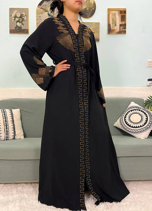 Muslim Chiffon Abayas For Women 2024 Dubai Islam Loose Fit  Femme Robe Long Sleeved Diamond Studded Solid Color With Belt Turban