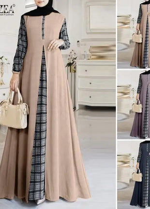 ZANZEA Women Patchwork Muslim Dress Fashion Abaya Robe Femme IsIamic Vestidos Kaftan Spring Long Sleeve Plaid Checked Sundress