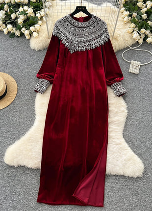 Chic vintage velour long sleeve slim Elegant Fairy korean fashion Boho Sundress women clothing