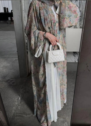 Middle Eastern Elegant Arabic Traditional Cardigan Long-Sleeved Floral Print Abaya Robe with Headscarf