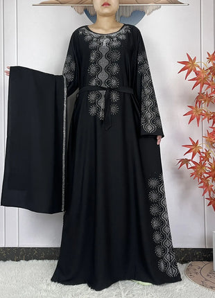 2024 Muslim Sets Women Party Dress Dubai Long Sleeve Diamonds Dashiki Islam Women Chiffon Comfort Fabric African Tradition Abaya