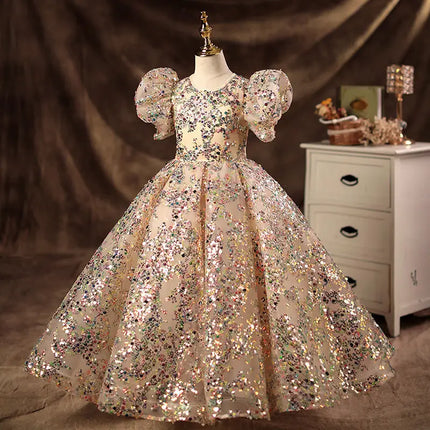 Champagne Girls Princess Dress Puffy Tutu Flower Girl Wedding Piano Recital Formal Gown for Kids