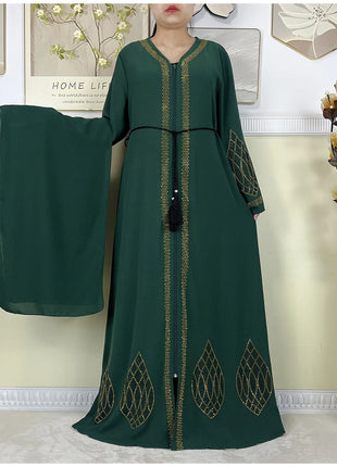 New Dubai Women Elegant Dress Diamonds Chiffon Open Abaya with Zipper Islamic Turkey Clothing Women Muslim Party Evening Dress