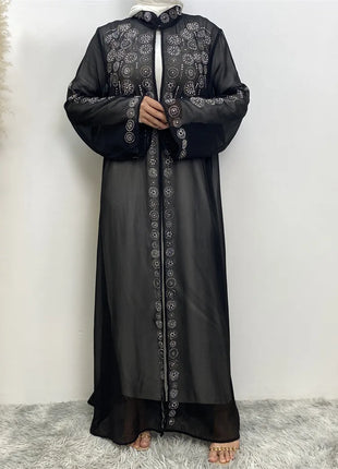 Diamond for Muslim Women Chiffon Open Cardigan Abaya Kimono Maxi Dress Turkey Dubai Arab Kaftan Eid Party Morocco Gowns Jalabiya