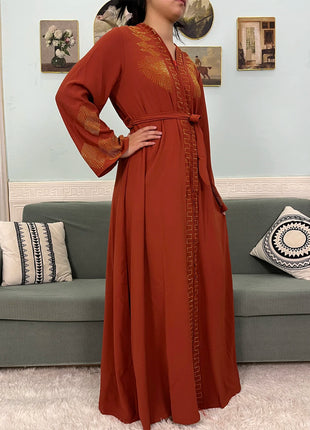 Muslim Chiffon Abayas For Women 2024 Dubai Islam Loose Fit  Femme Robe Long Sleeved Diamond Studded Solid Color With Belt Turban