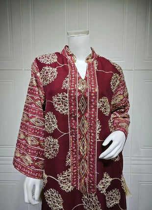 Muslim Women's Black Islamic Embroidered Abaya with Gold Detailing Ideal for Formal Occasions in Middle East like UAE and Saudi