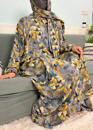 Muslim Cotton Abayas For Women Traditional Floral Ramadan Prayer Garment African Caftan Marocain Femme Robe Connected Headscarf
