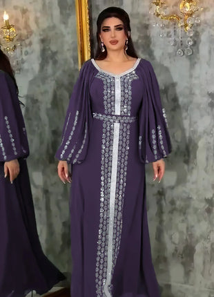 Abaya Muslim Women Party Dresses Chiffon Sequins Jalabiya Ramadan Eid Morocco Islam Sashes Vestidos Arab Long Robe Dubai Kaftan